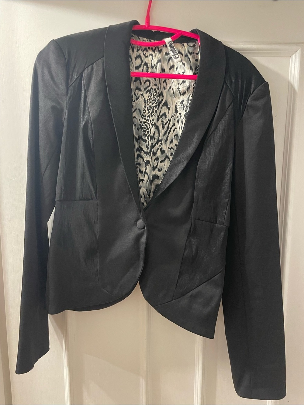 Women's Black Satin-Trim Blazer with Leopard Lining